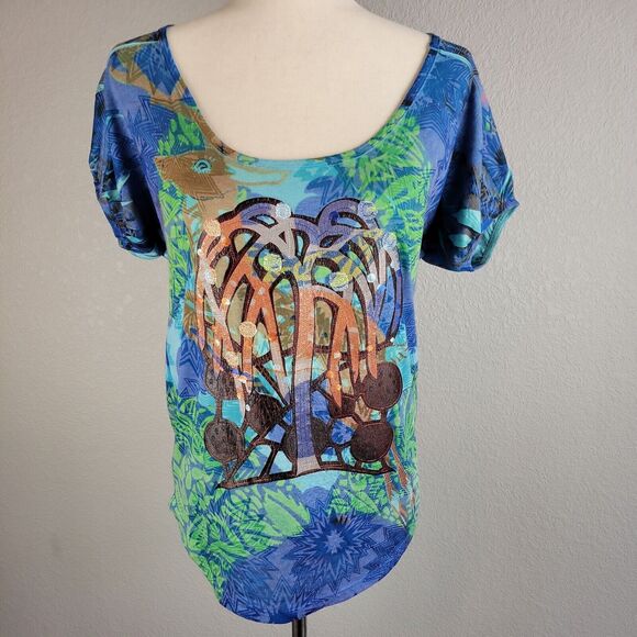 Custo Barcelona Womens Top Medium 3 Multicolor Deer Weeping Willow Floral - Picture 1 of 7